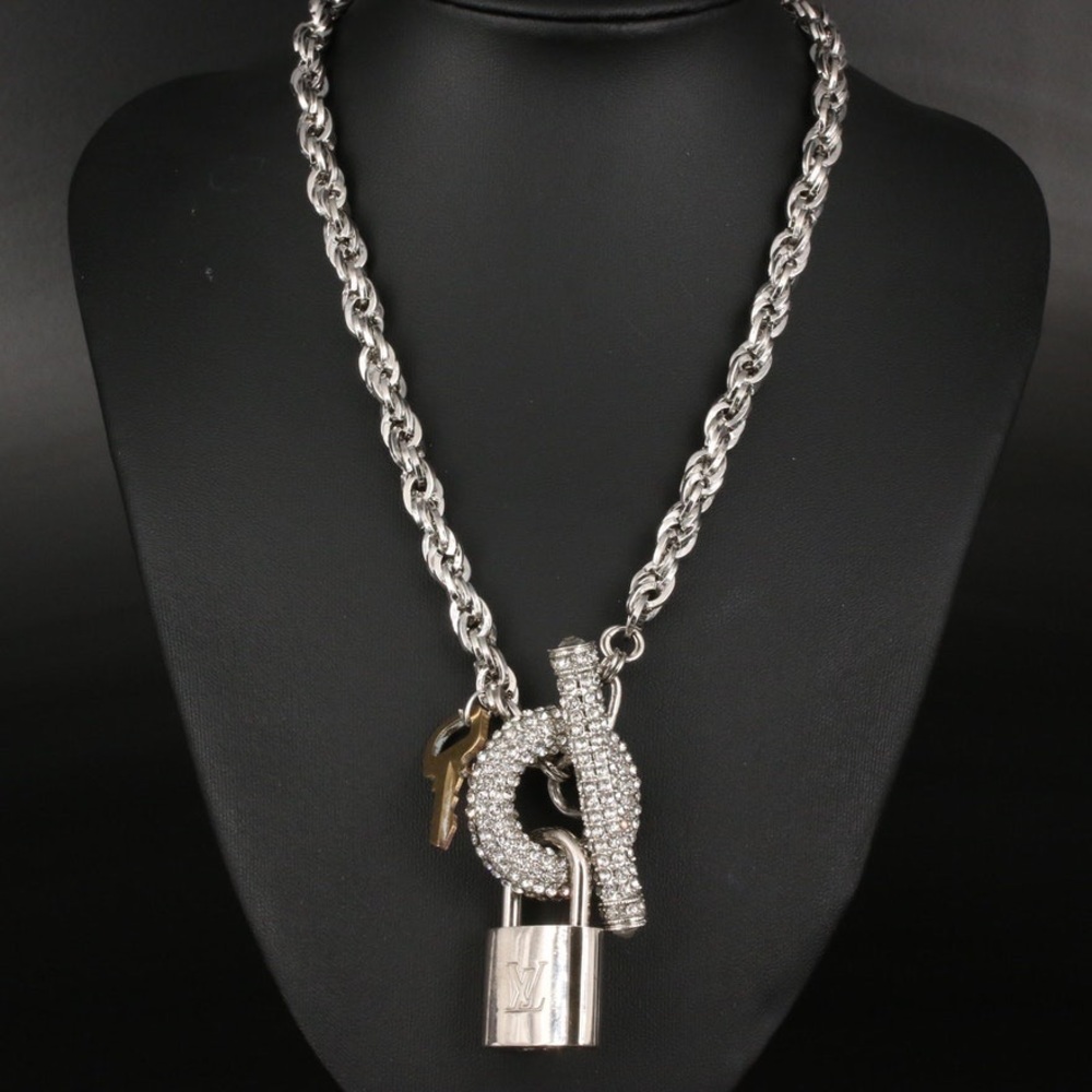 Auth. Vintage Vuitton Silver Padlock on Silver Pavé Accented Necklace